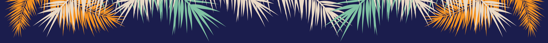 Abstract pattern of descending, fringed strands in orange, white, and green on a dark blue background.