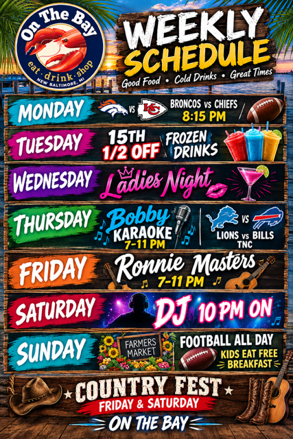 Weekly schedule flyer with colorful daily event listings for Monday through Sunday, including live music, karaoke, and kids breakfast