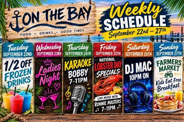 On the Bay weekly schedule poster with beach-themed event listings and dates in September.