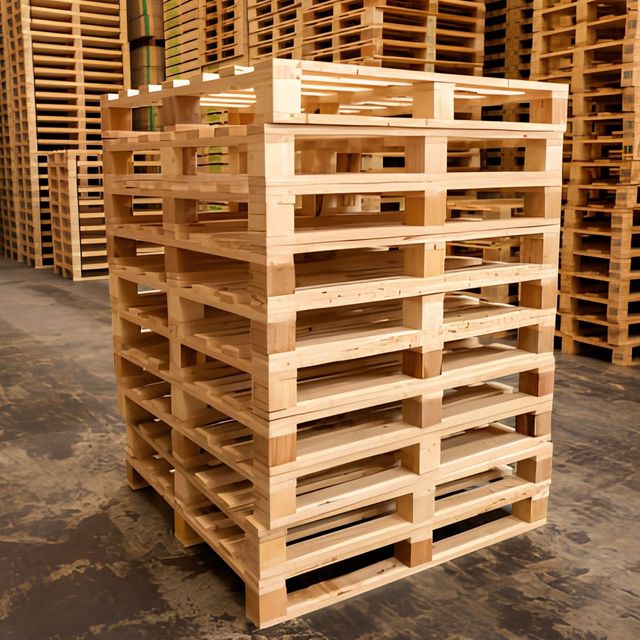 Stack of light wooden pallets in a warehouse aisle