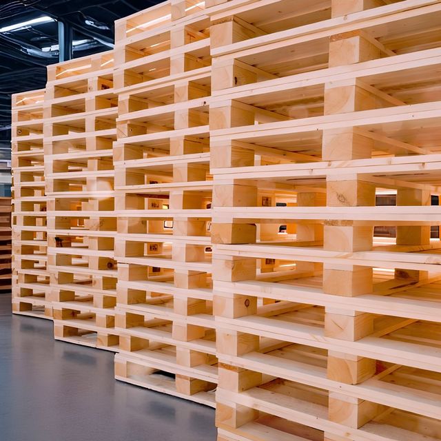 Wooden pallet on a sunlit concrete surface with a light-colored wall in the background