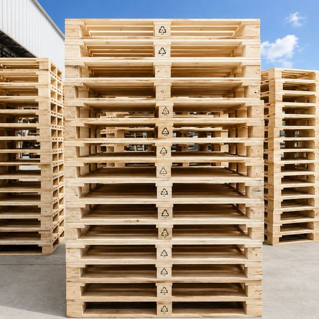 Stacked wooden shipping pallets on a paved surface, viewed from above