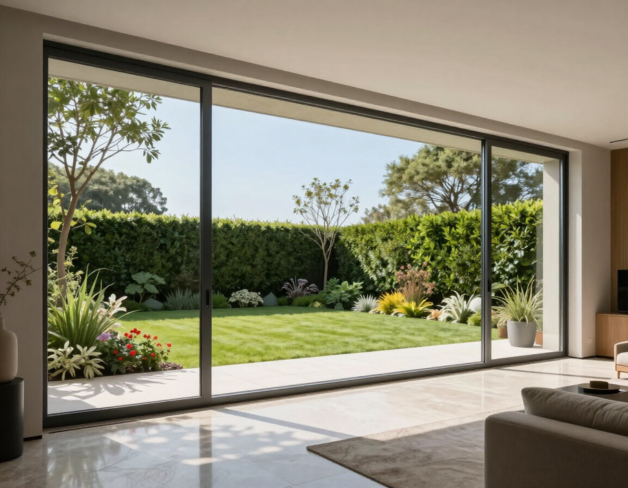 Salón moderno con acceso a un luminoso jardín a través de amplias puertas correderas de cristal.