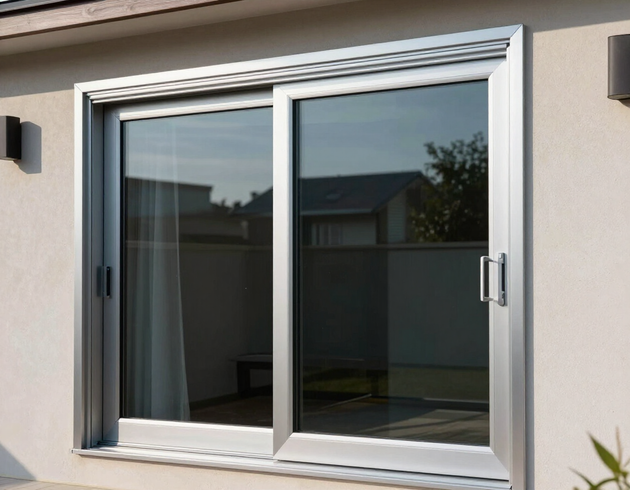 Puerta corrediza de cristal para patio con un panel abierto en una pared de color beige.