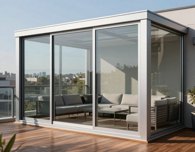 Moderna terraza acristalada con puertas correderas, sofá blanco y tarima de madera con vistas a la ciudad.
