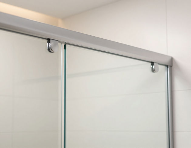 Mampara de ducha de cristal transparente con marco plateado y barra superior en un baño.