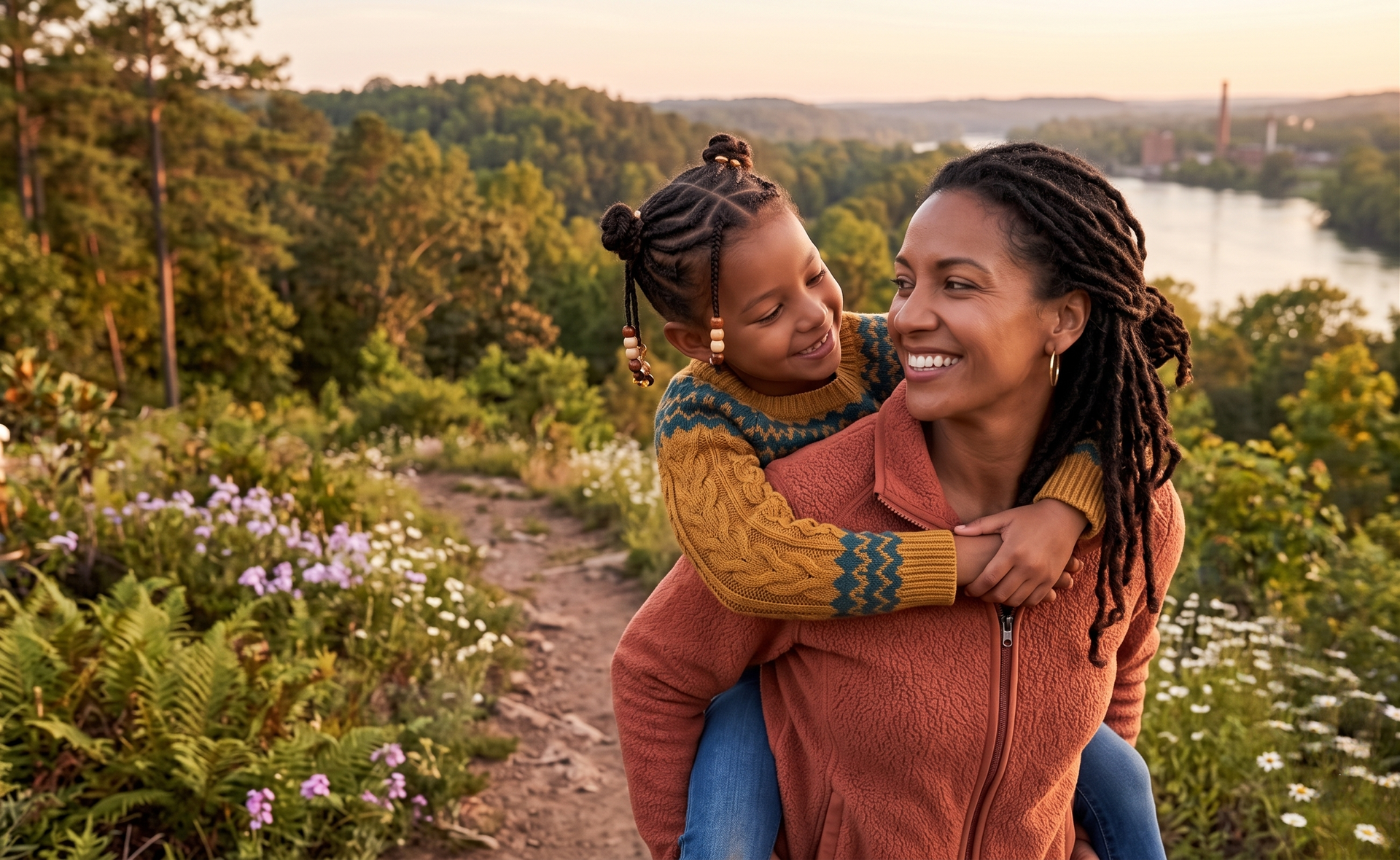 A woman is hugging a little girl in a park.