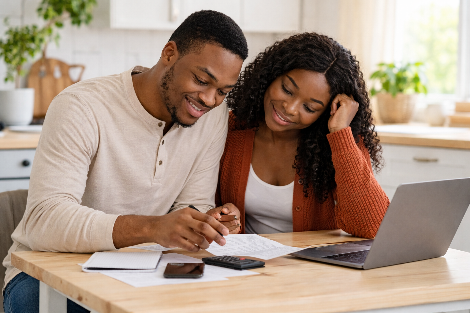 A man and a woman are sitting on a couch looking at a laptop computer.