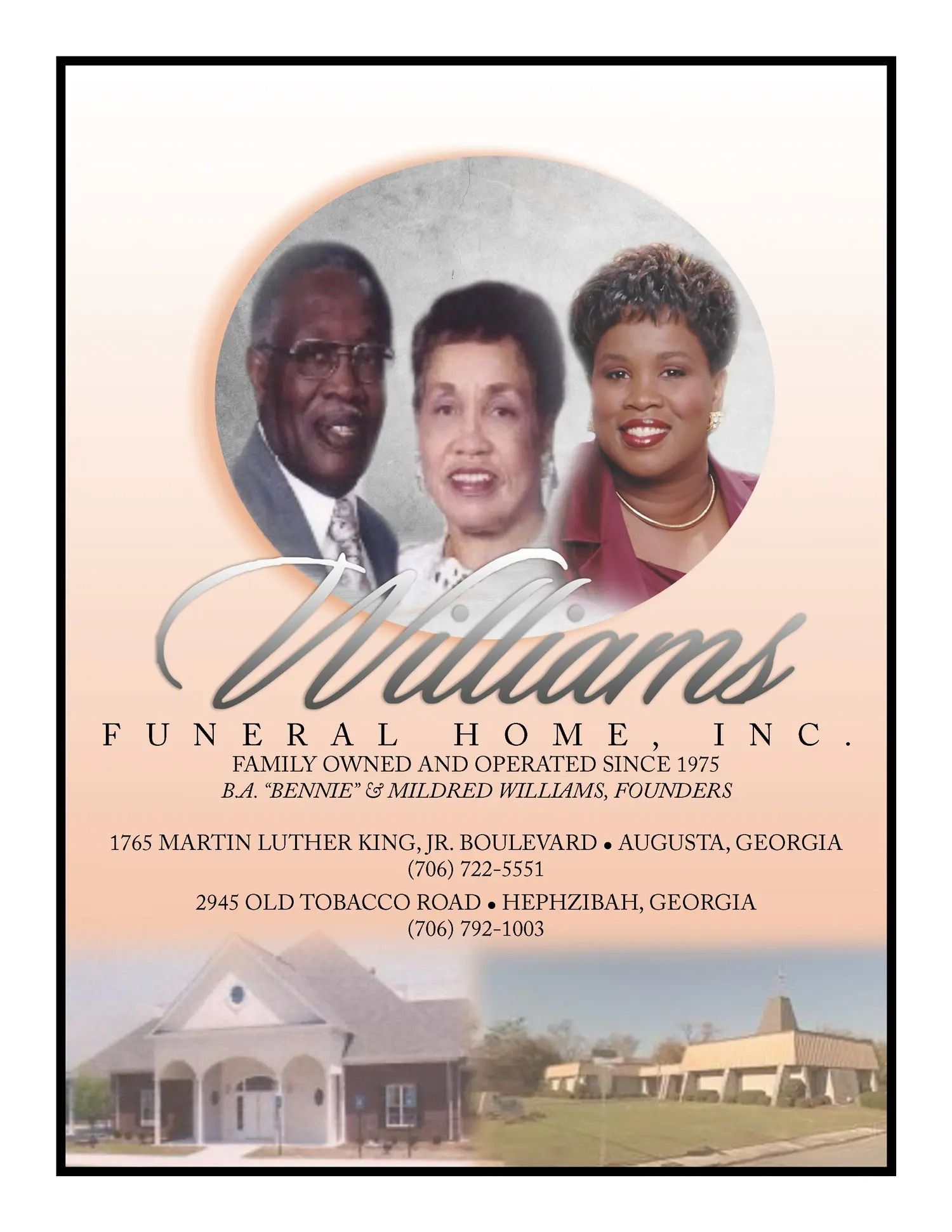 Williams Funeral Home, Inc. brochure with three portraits and a building photo at the bottom