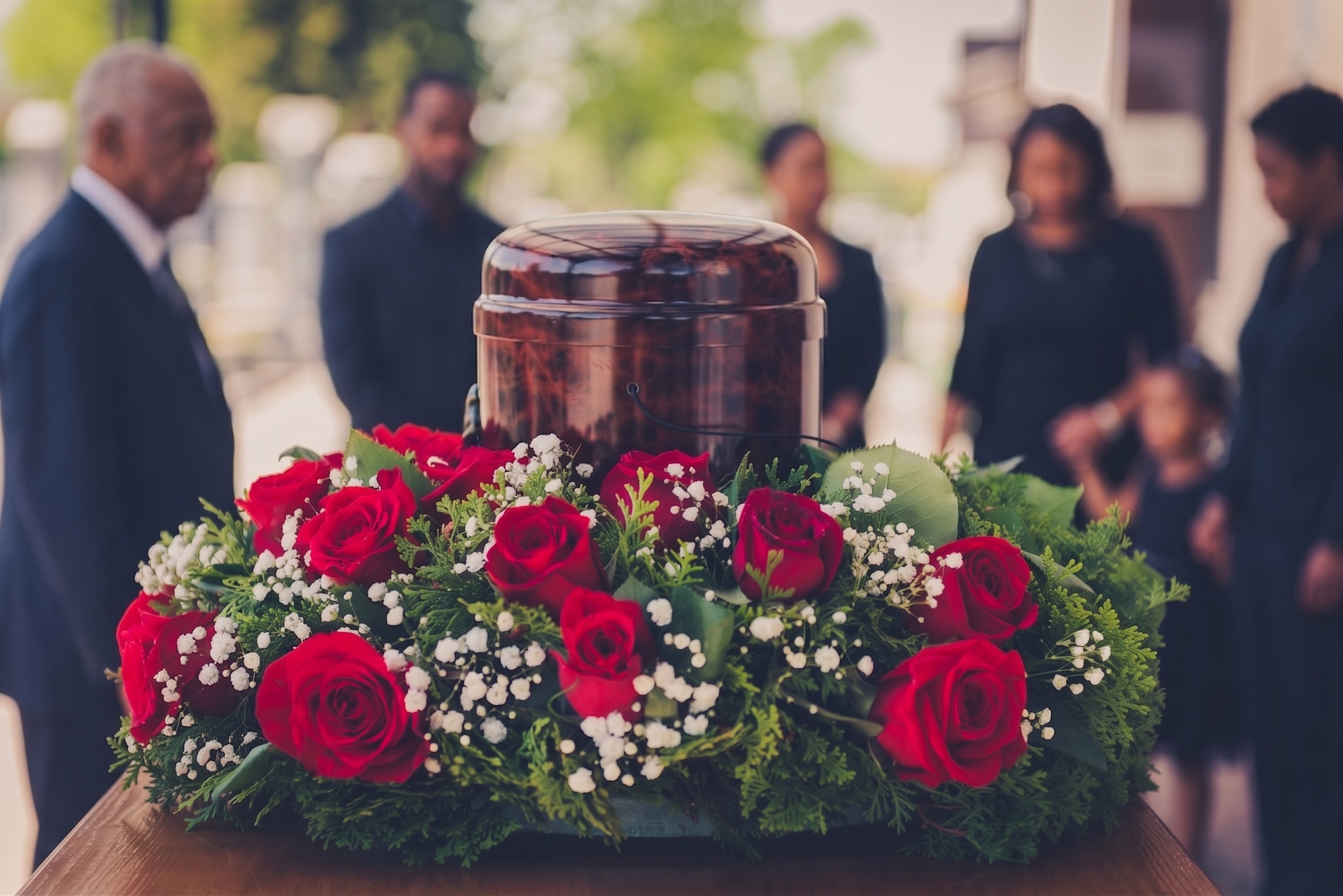 A black can is sitting on a table next to a vase of flowers.