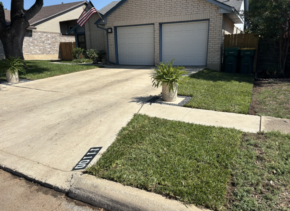 A residential driveway and front yard with a beige brick garage and a potted fern on a concrete walkway.