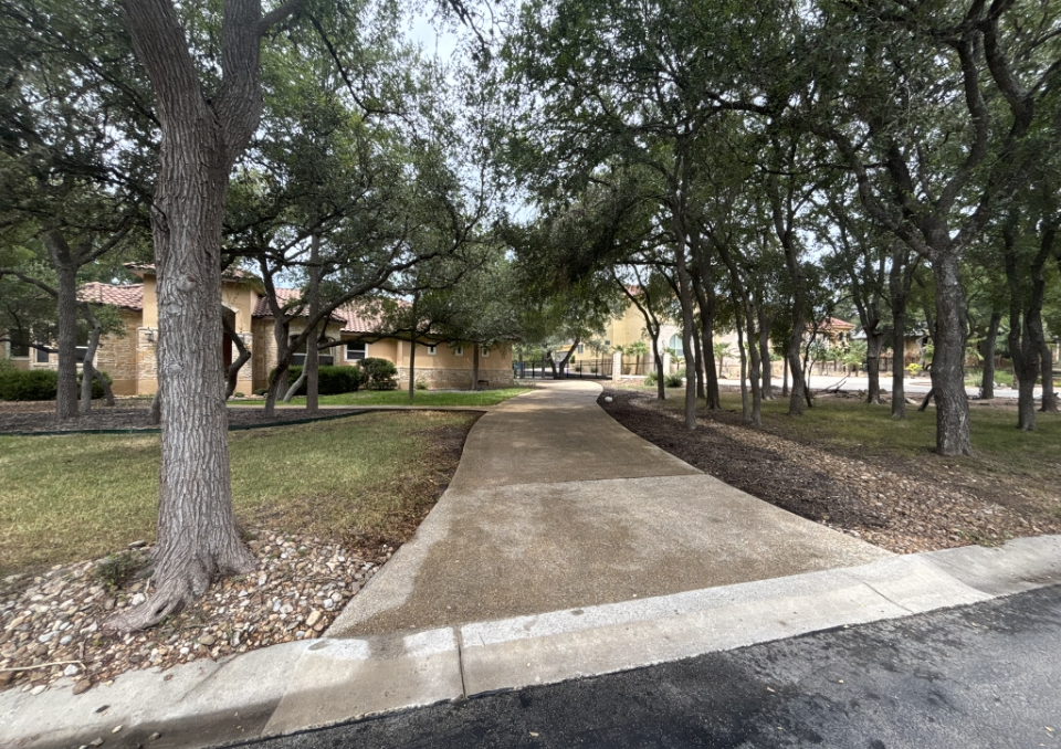 A concrete driveway winds through a wooded residential front yard toward a single-story house with stone walls.