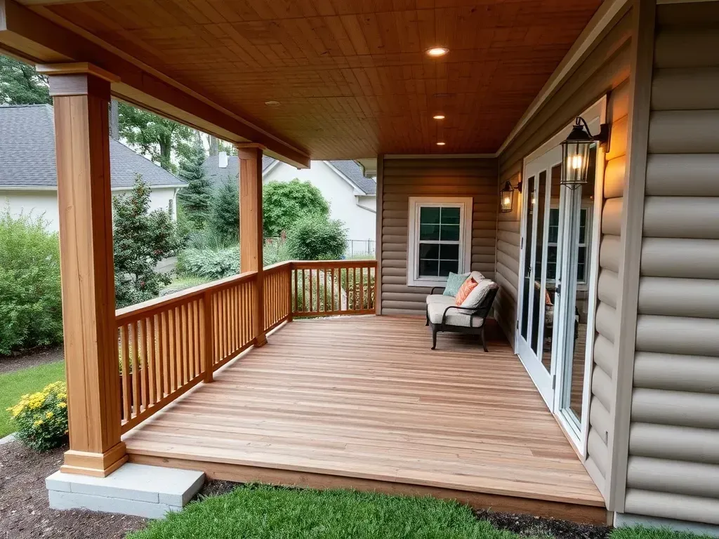 A covered wooden porch on a log cabin home with a bench, railing, and exterior wall sconce lighting.
