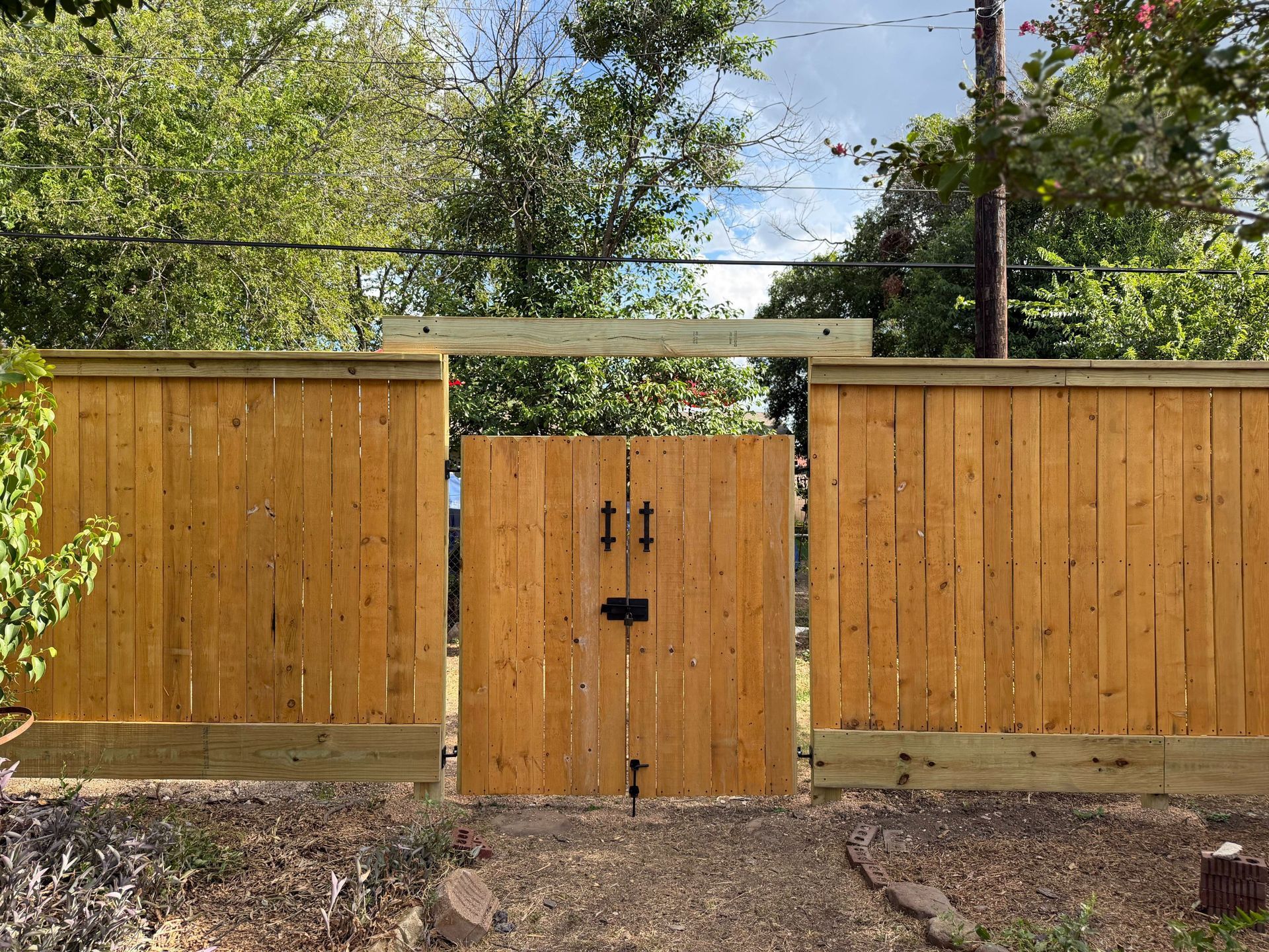 Wooden backyard gate and fence with trees behind it under a blue sky.
