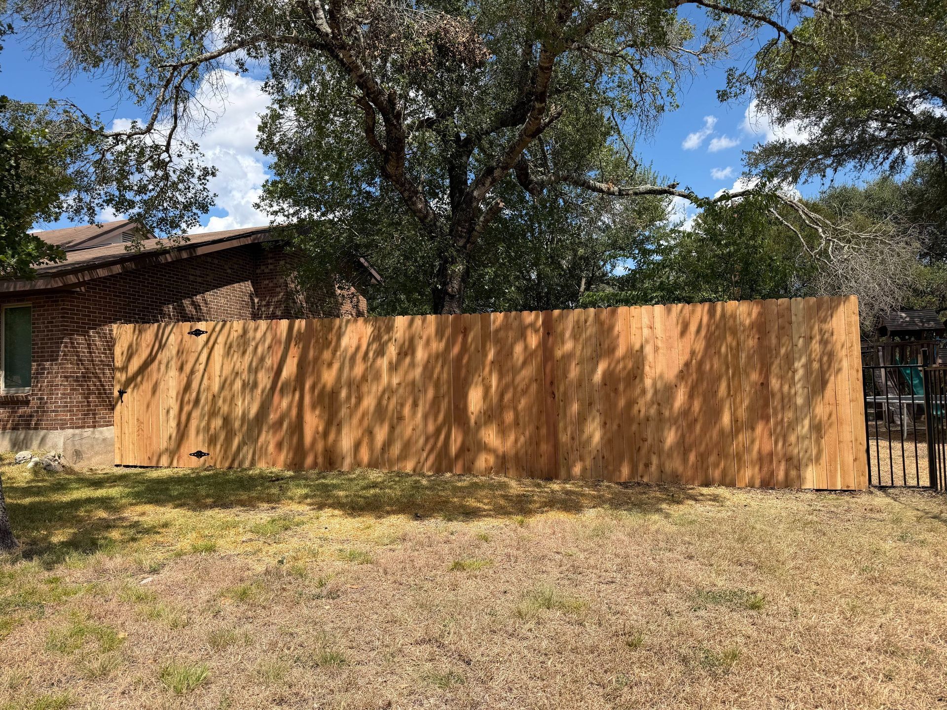 Wooden privacy fence in a grassy yard with trees and a house behind it under a blue sky.