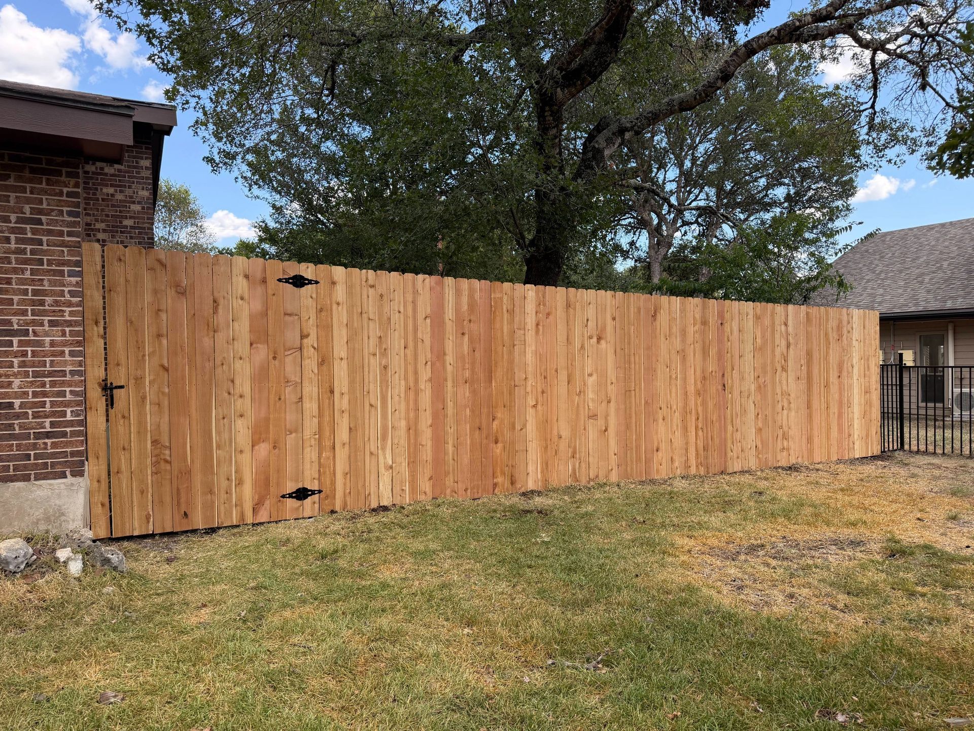 Wooden privacy fence between brick house and yard, with trees and grass under a blue sky.