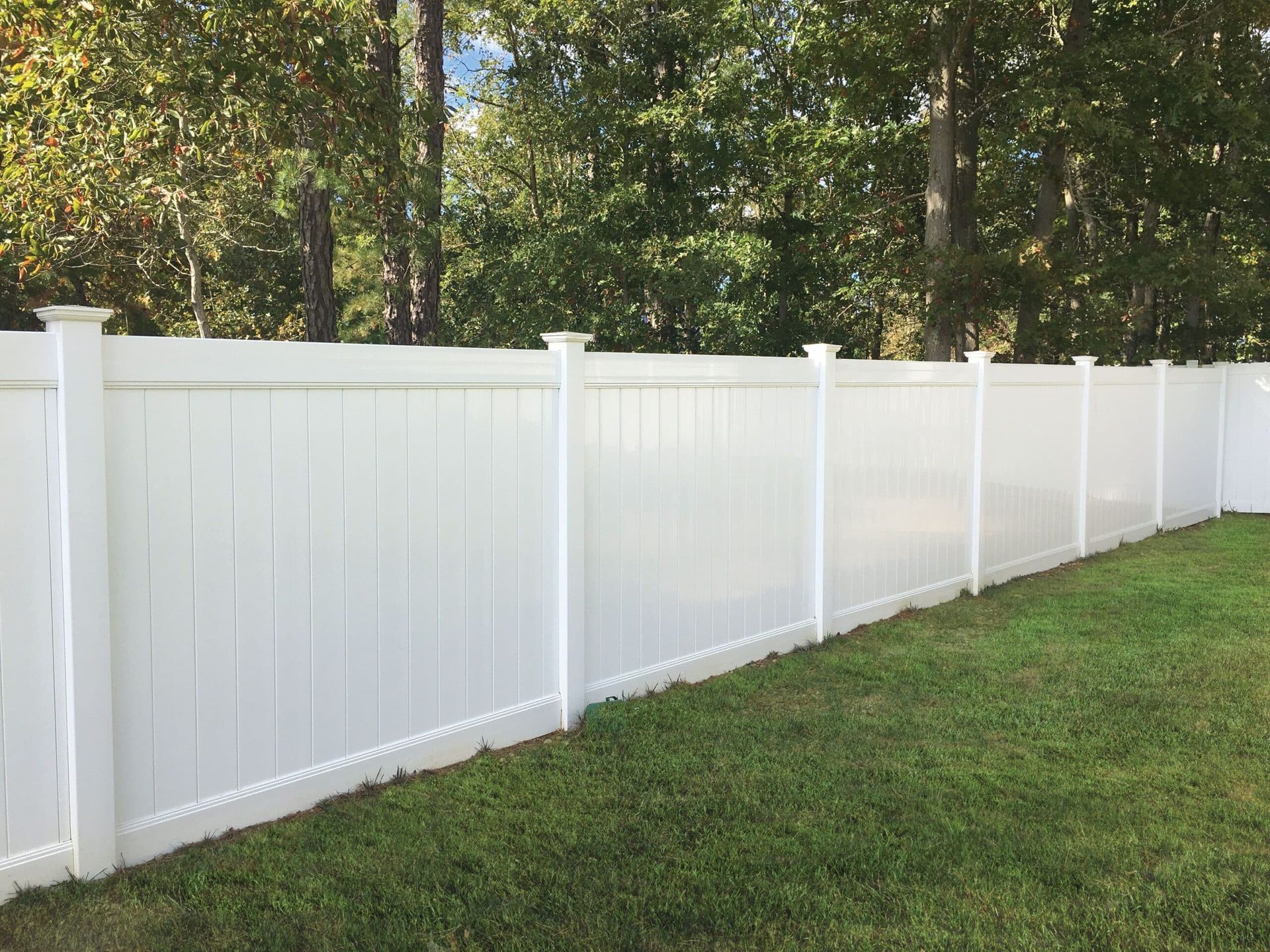 A white vinyl privacy fence stands in a grassy yard in front of a line of trees.