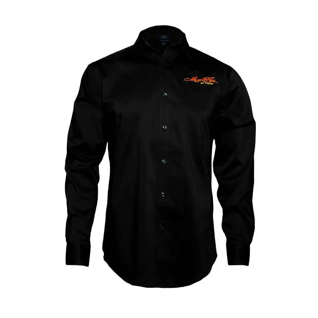 Black button-down shirt with red and yellow 