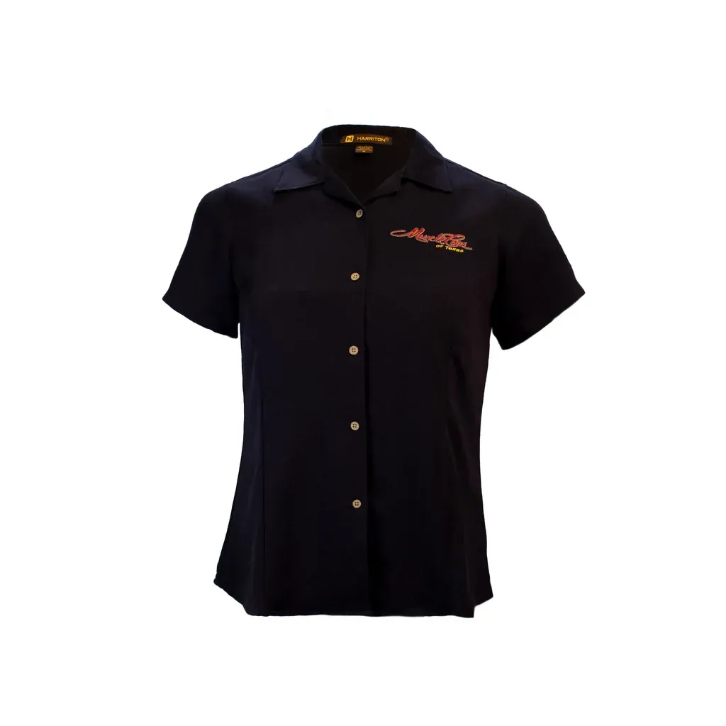 Black button-down shirt with short sleeves and logo on the chest.