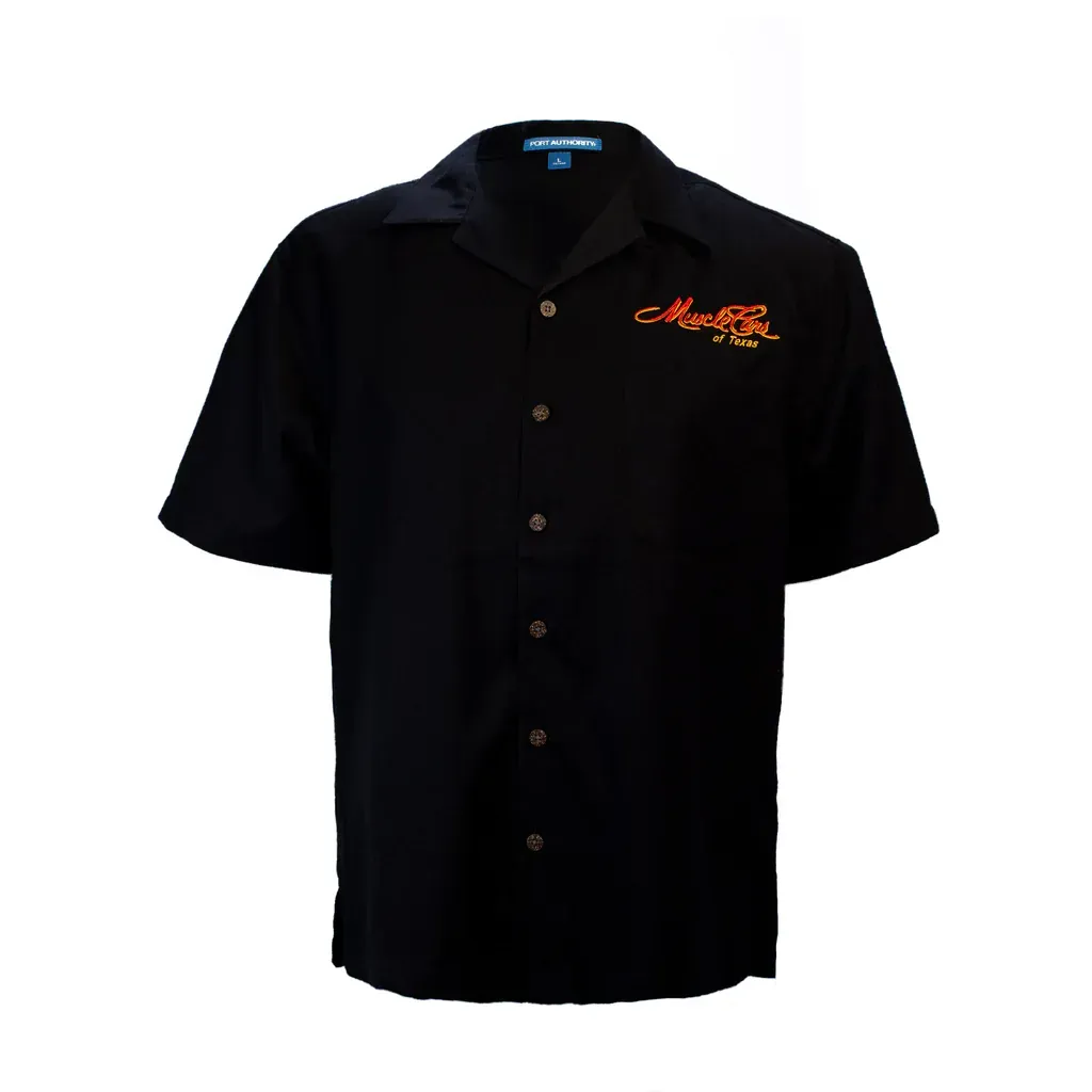 Black button-down shirt with short sleeves; orange script logo on left chest.