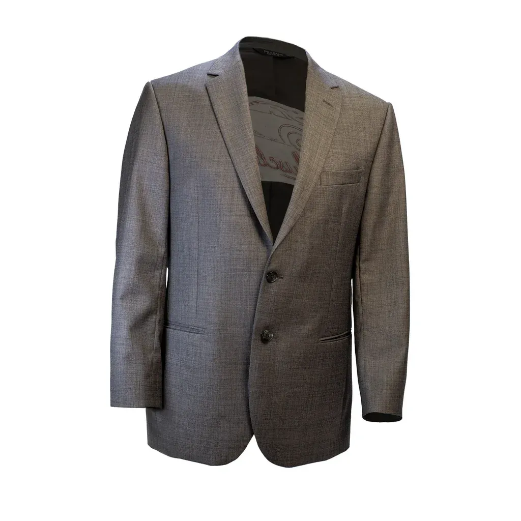 Gray men's blazer with two buttons, front view. Black shirt visible underneath.
