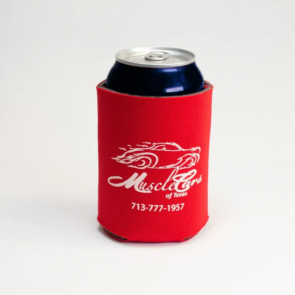 Red can cooler with white 