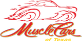 Red and yellow logo for Muscle Cars of Texas, stylized car outline with text.