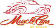 Red and yellow logo for Muscle Cars of Texas, stylized car outline with text.