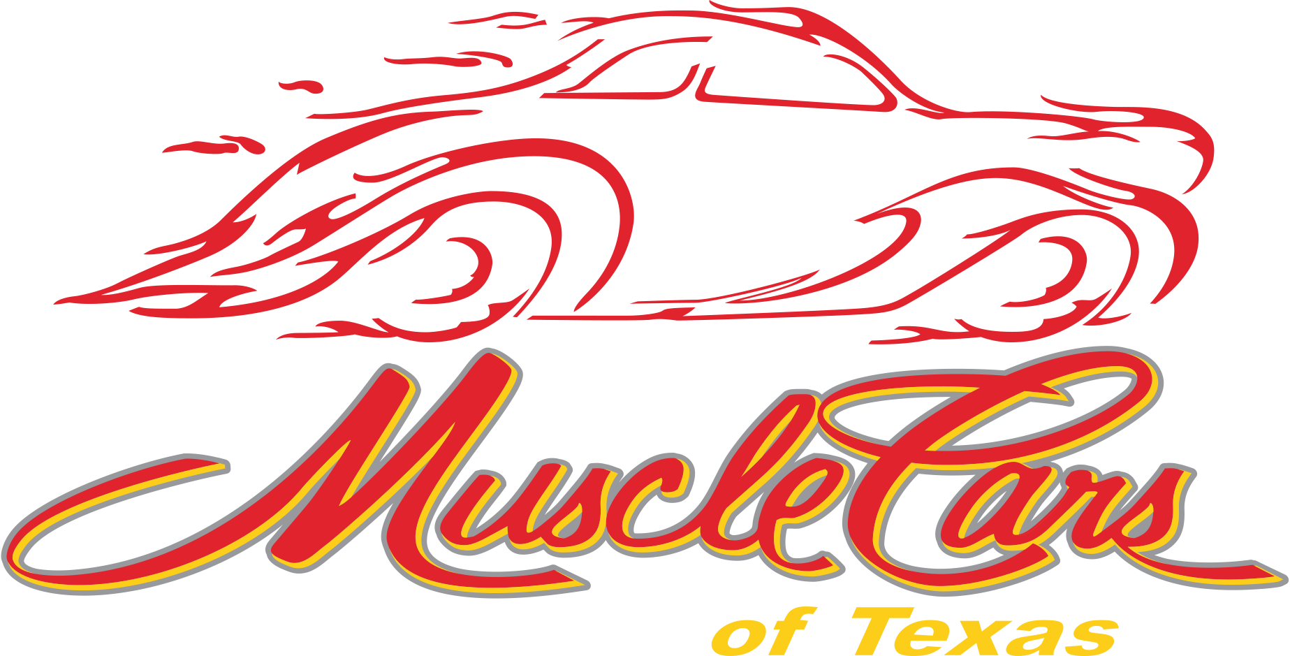 Red and yellow logo for Muscle Cars of Texas, stylized car outline with text.