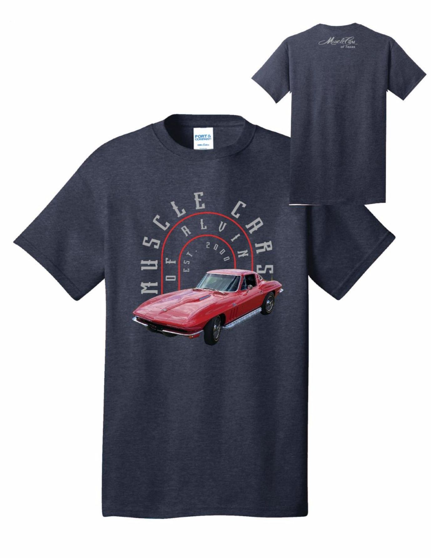 Blue t-shirt with red muscle car graphic. Text reads 