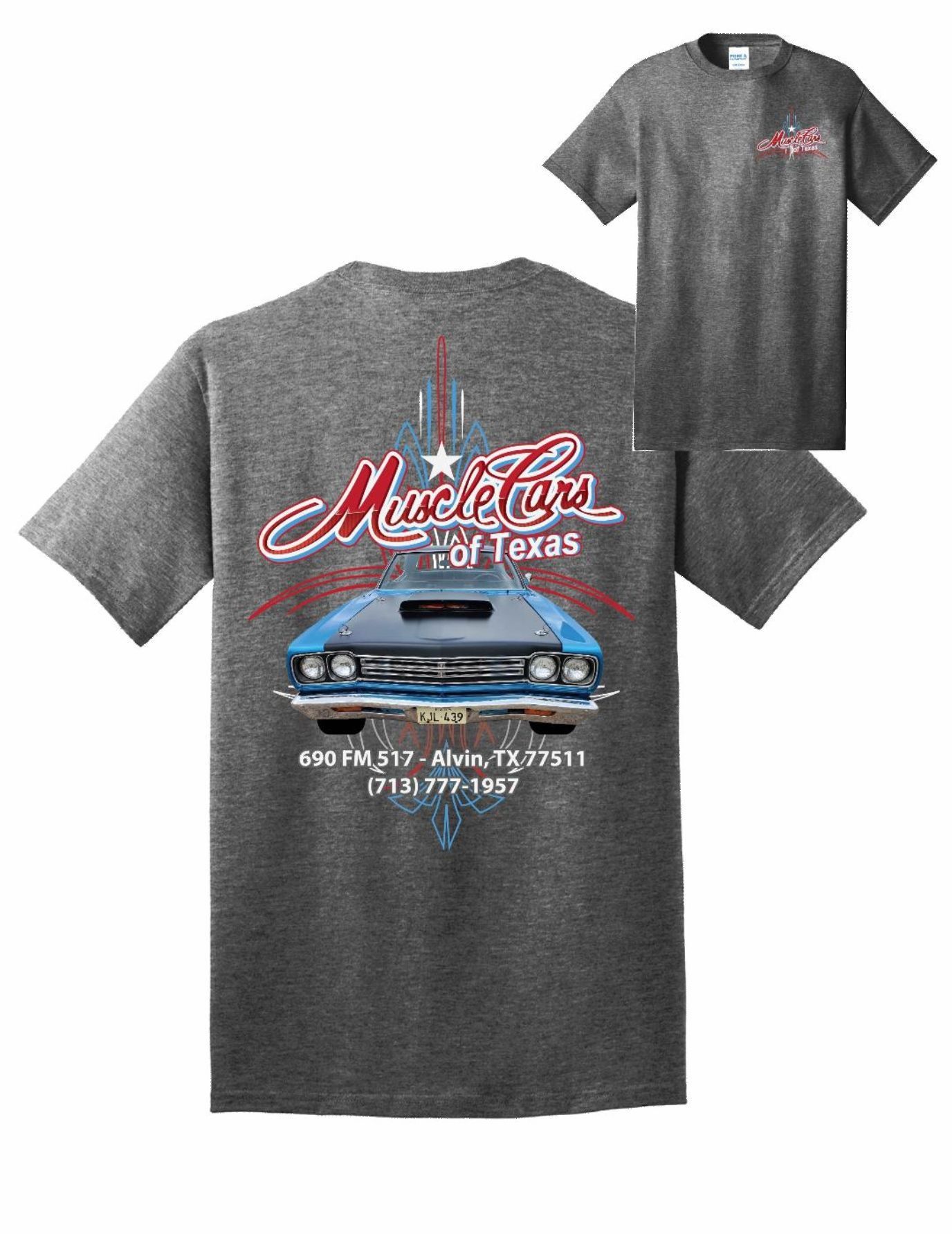 Gray t-shirt with a muscle car graphic, 