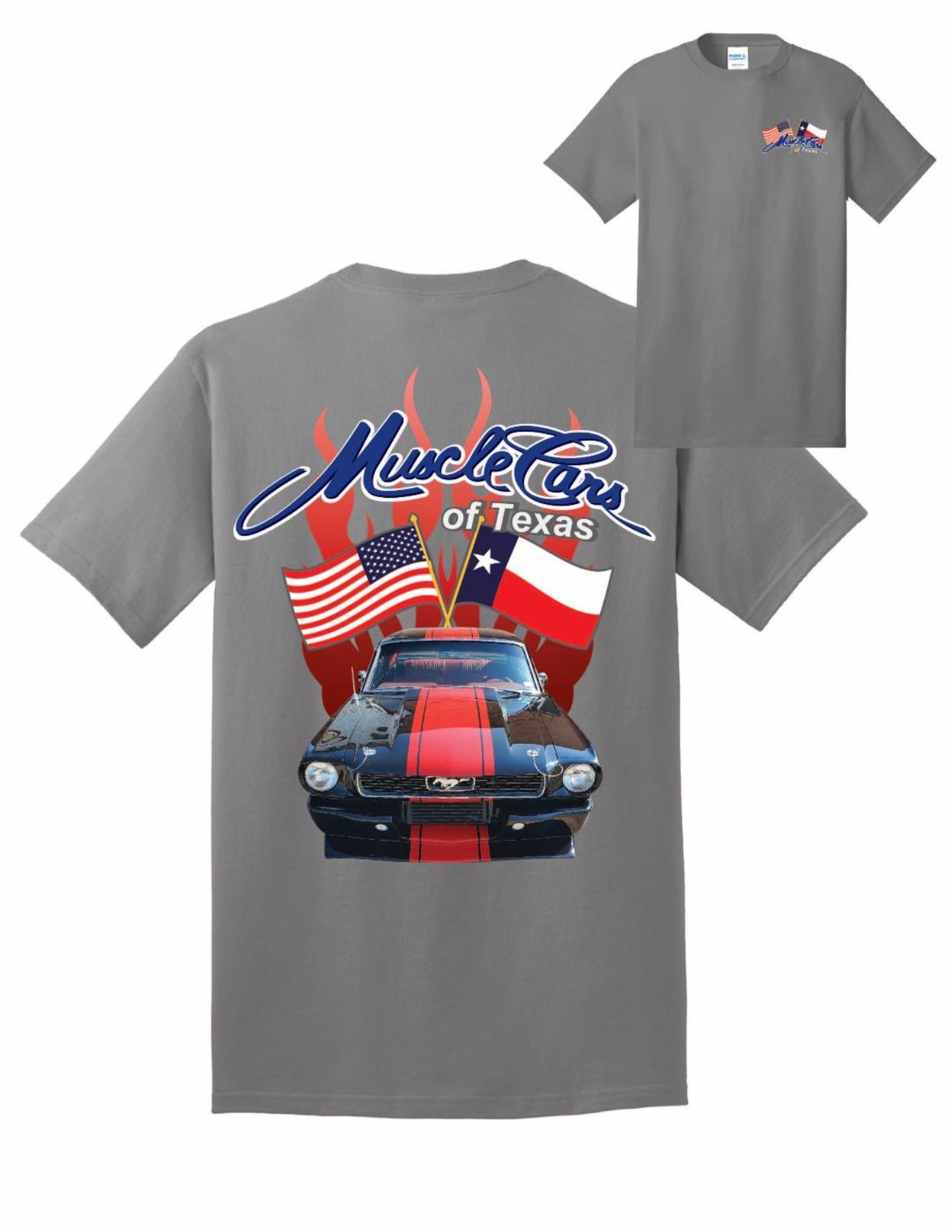 Gray t-shirt with a classic muscle car graphic, the American & Texas flags, and 