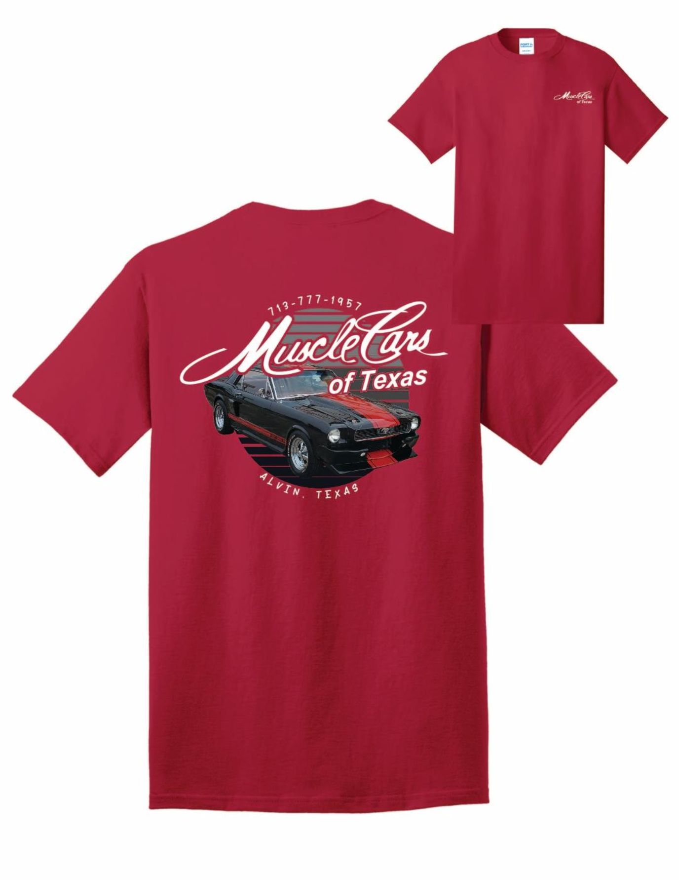 Red t-shirt with muscle car graphic on back, featuring text 