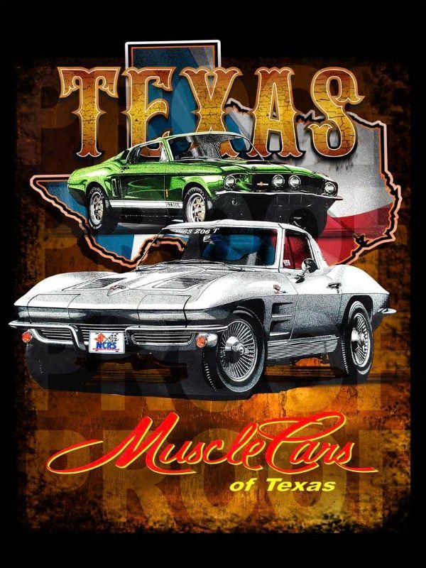 Texas Muscle Cars graphic: Green Mustang & silver Corvette in front of Texas outline; 