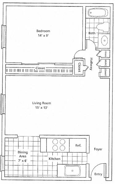 Floor plan of a small apartment with a bedroom, living room, kitchen, bathroom, and dining area.