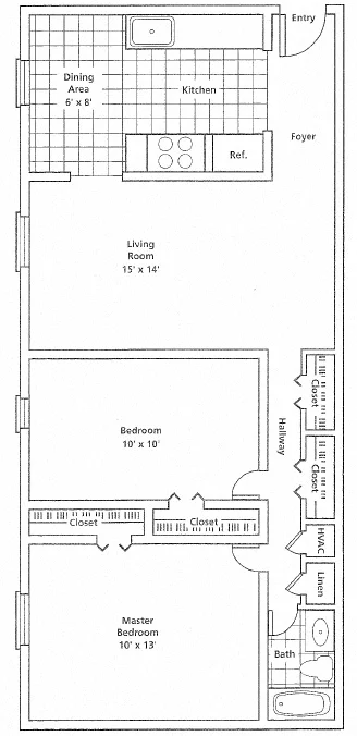 Floor plan of an apartment with a kitchen, living room, bedroom, and bathroom.