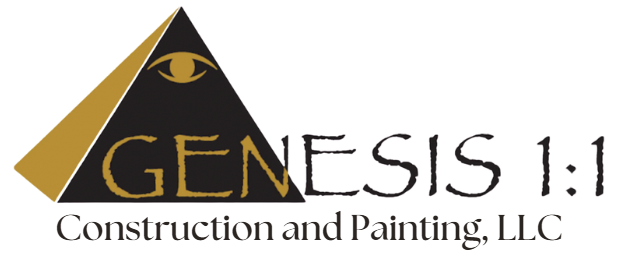 Logo for Genesis 1:1 Construction and Painting, LLC: pyramid with eye, text 