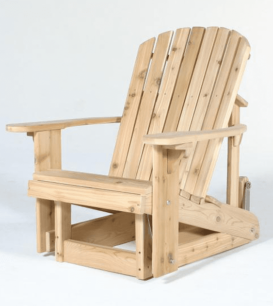 A wooden adirondack chair is sitting on a white surface.