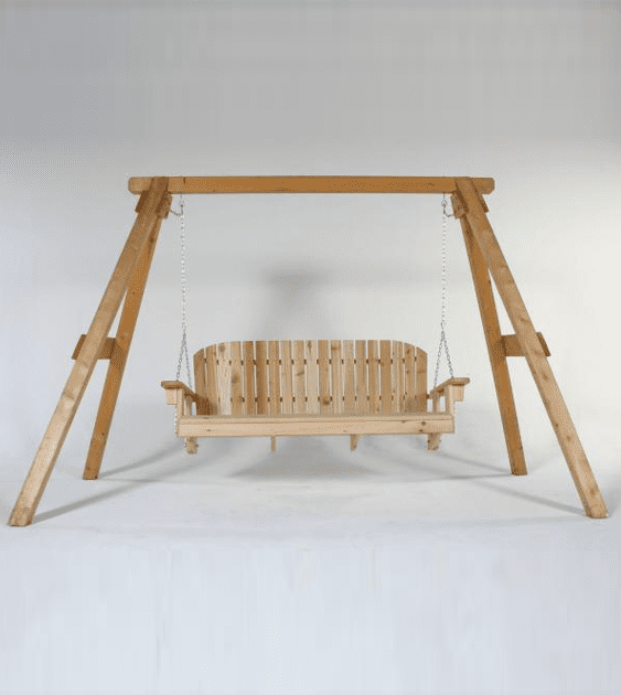 A wooden swing is sitting on a white surface