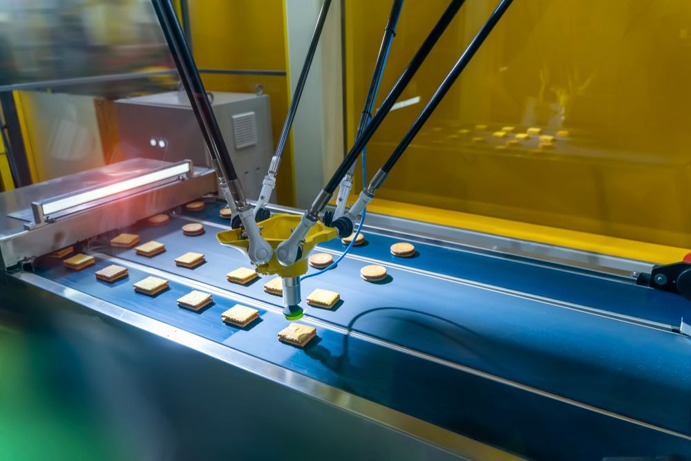A robotic arm is moving food on a conveyor belt in a factory.