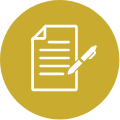 A pen is writing on a piece of paper in a yellow circle.