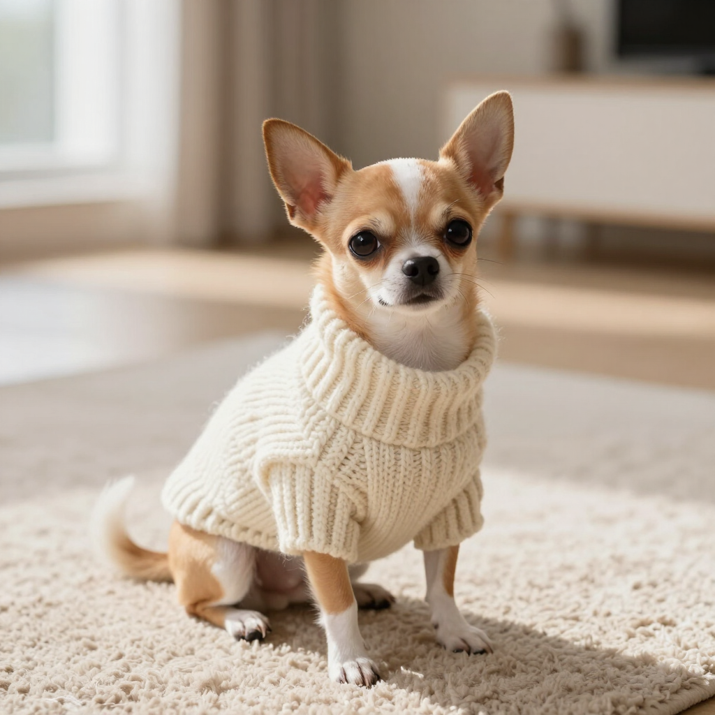 Un pequeño chihuahua con un jersey de punto trenzado color crema sentado