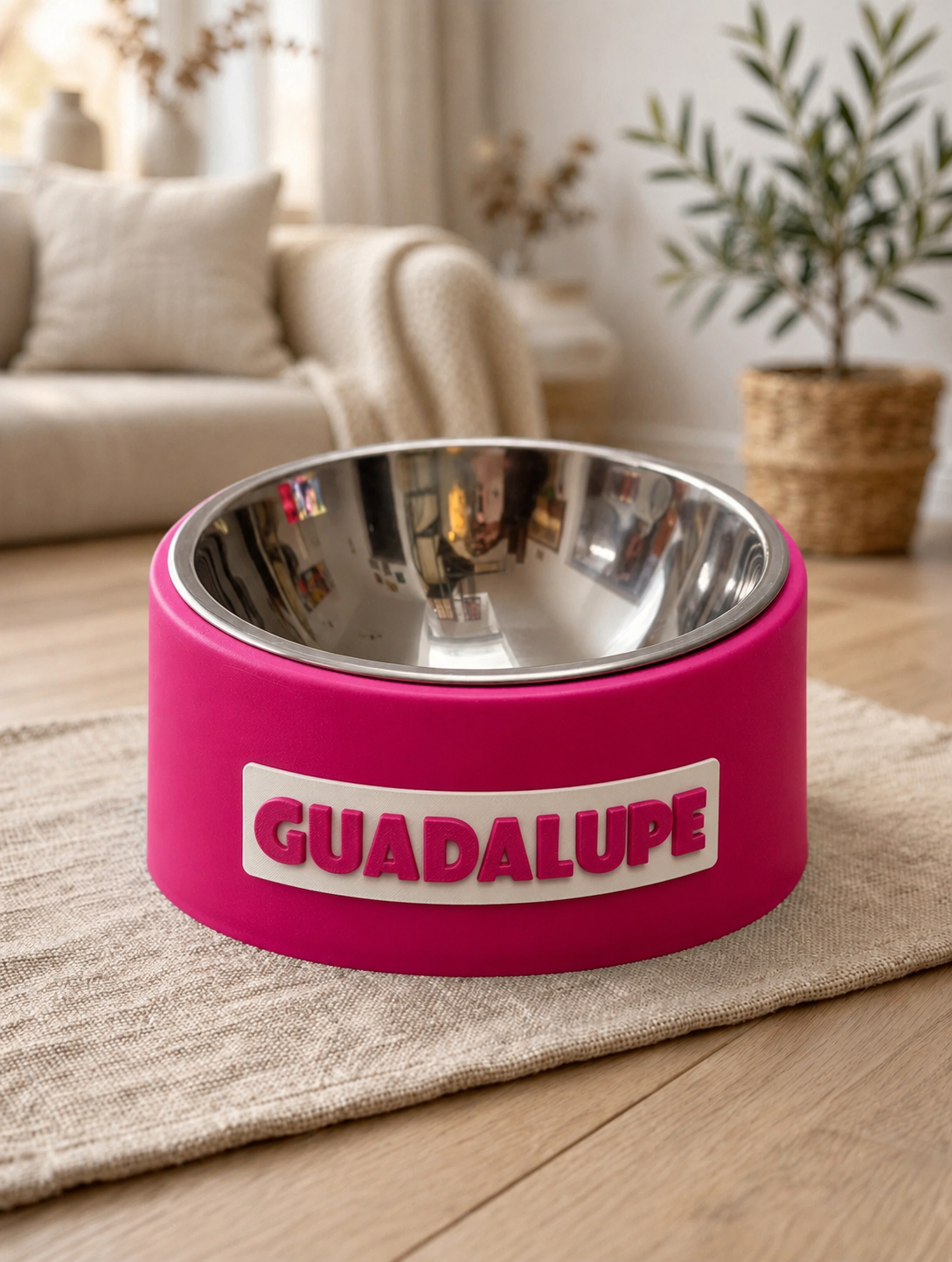 Un cuenco rosa para mascotas con la palabra 