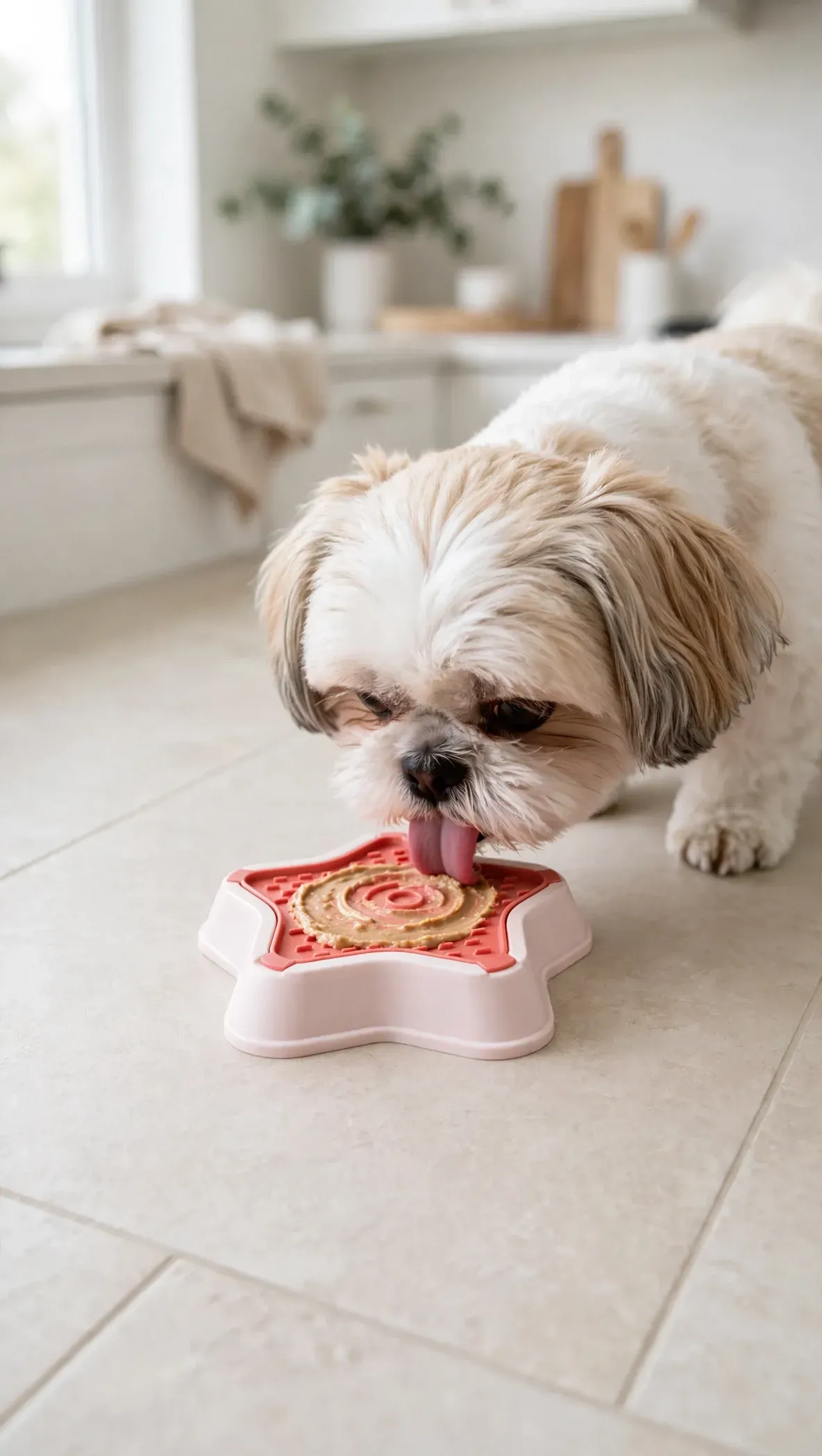 Un perrito pequeño, blanco y marrón, come de un cuenco rosa con forma de hueso sobre un suelo de baldosas claras.