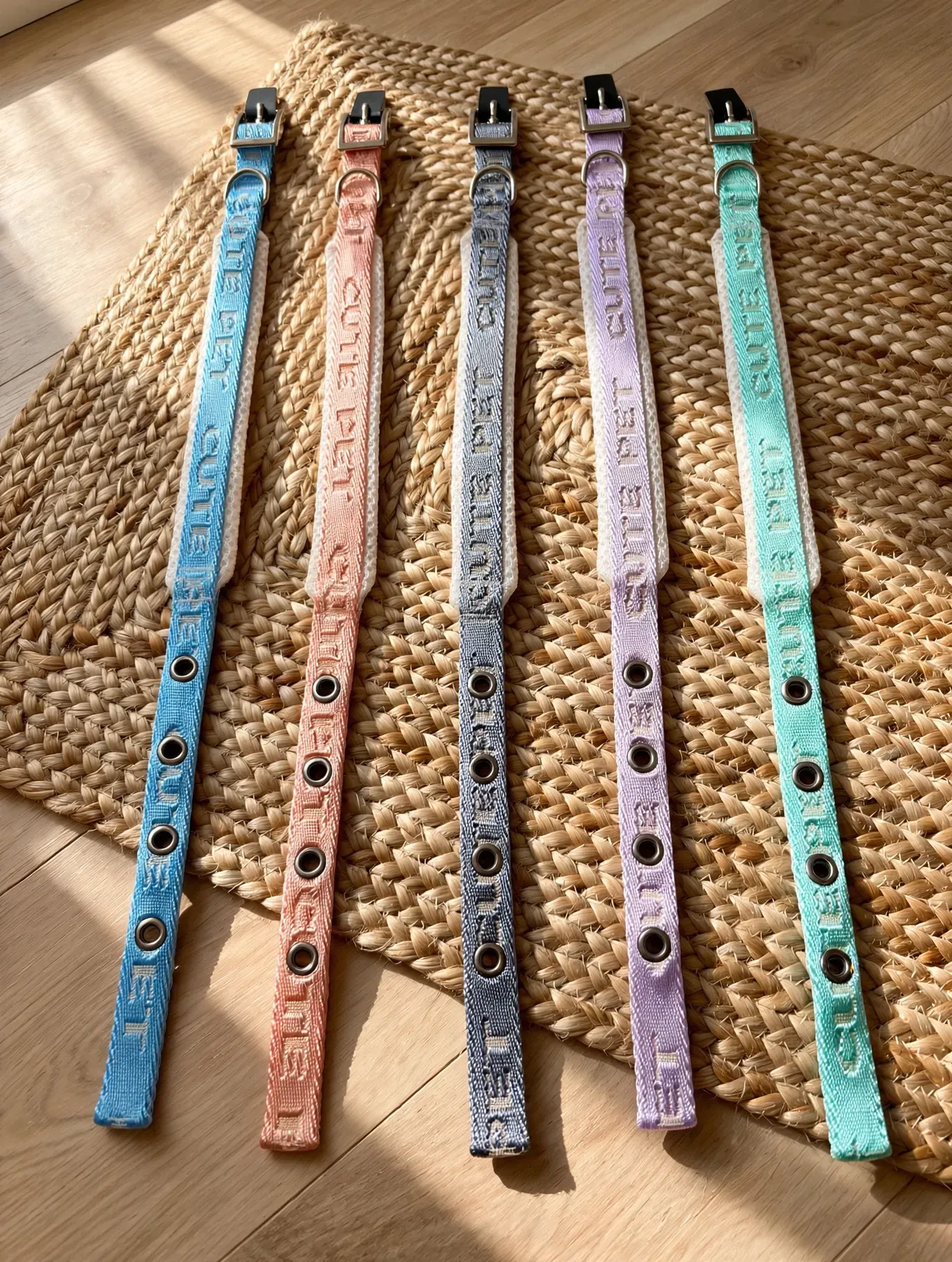 Cinco collares de perro tejidos en tonos pastel con hebillas y huellas de patas negras sobre un mantel individual tejido.
