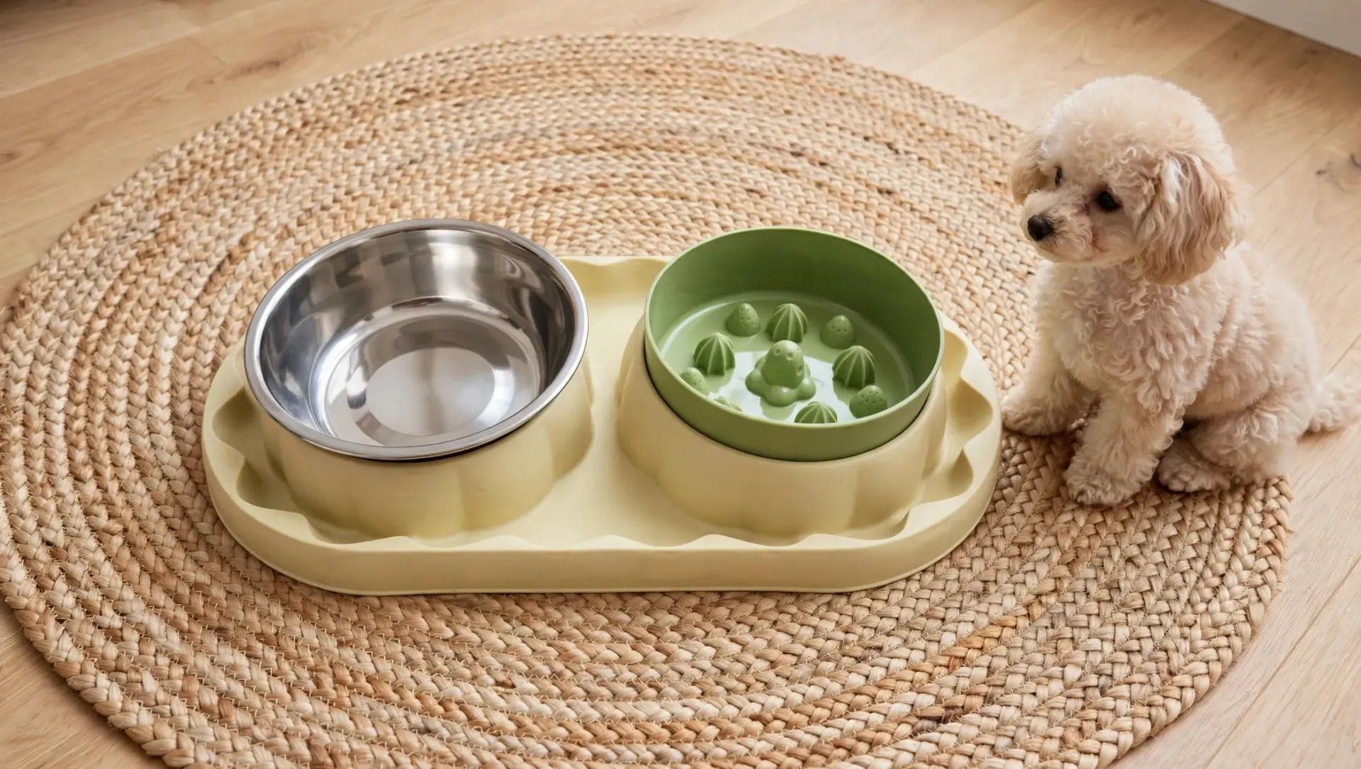 Un perrito pequeño y peludo junto a un comedero doble sobre una alfombra tejida, un cuenco con agua y otro con comida.