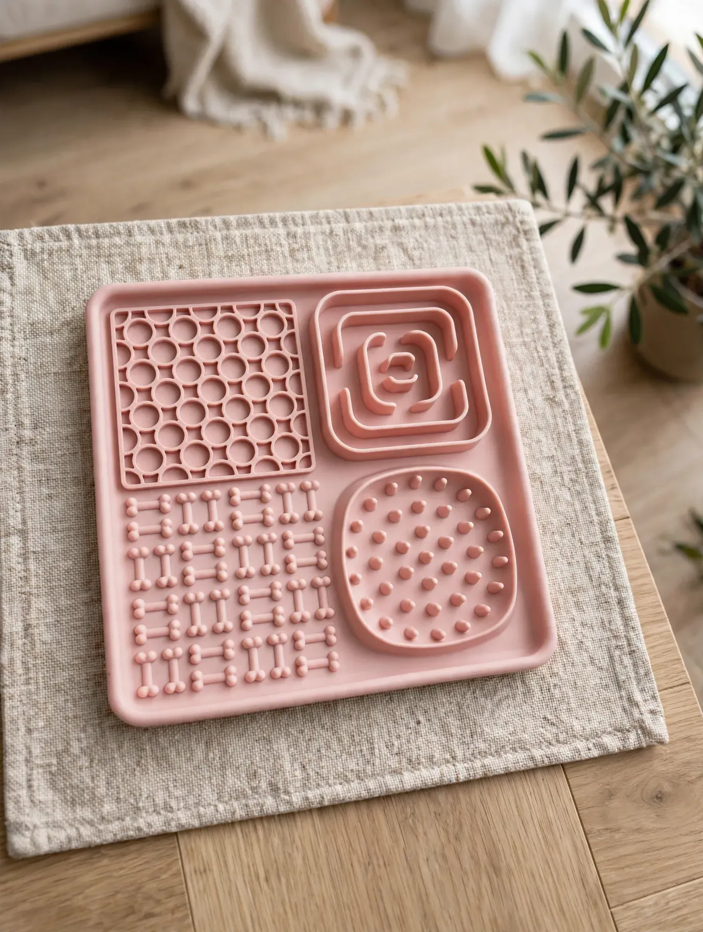 Plato de alimentación para bebés de silicona rosa con cuatro compartimentos texturizados sobre un mantel individual beige.