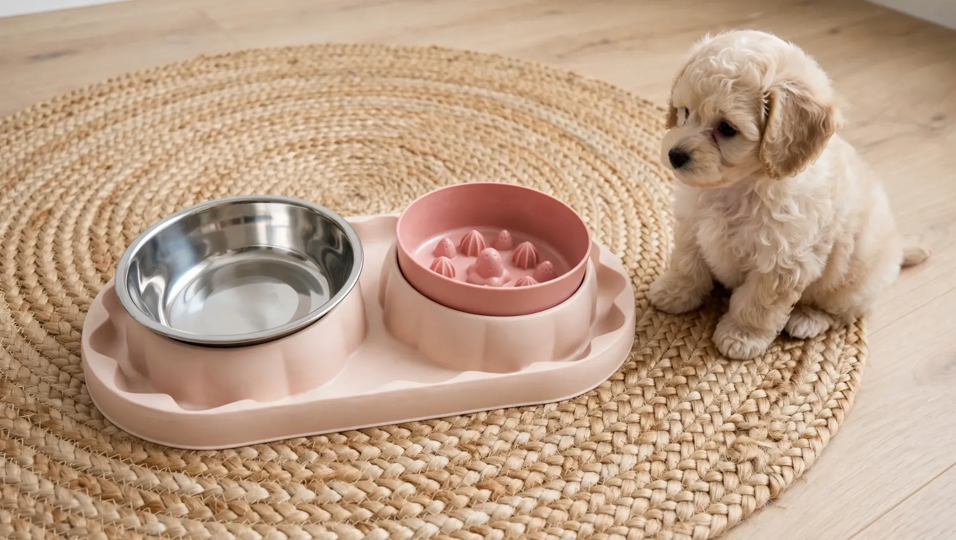Un perrito pequeño y peludo junto a un comedero doble sobre una alfombra tejida, un cuenco con agua y otro con comida.