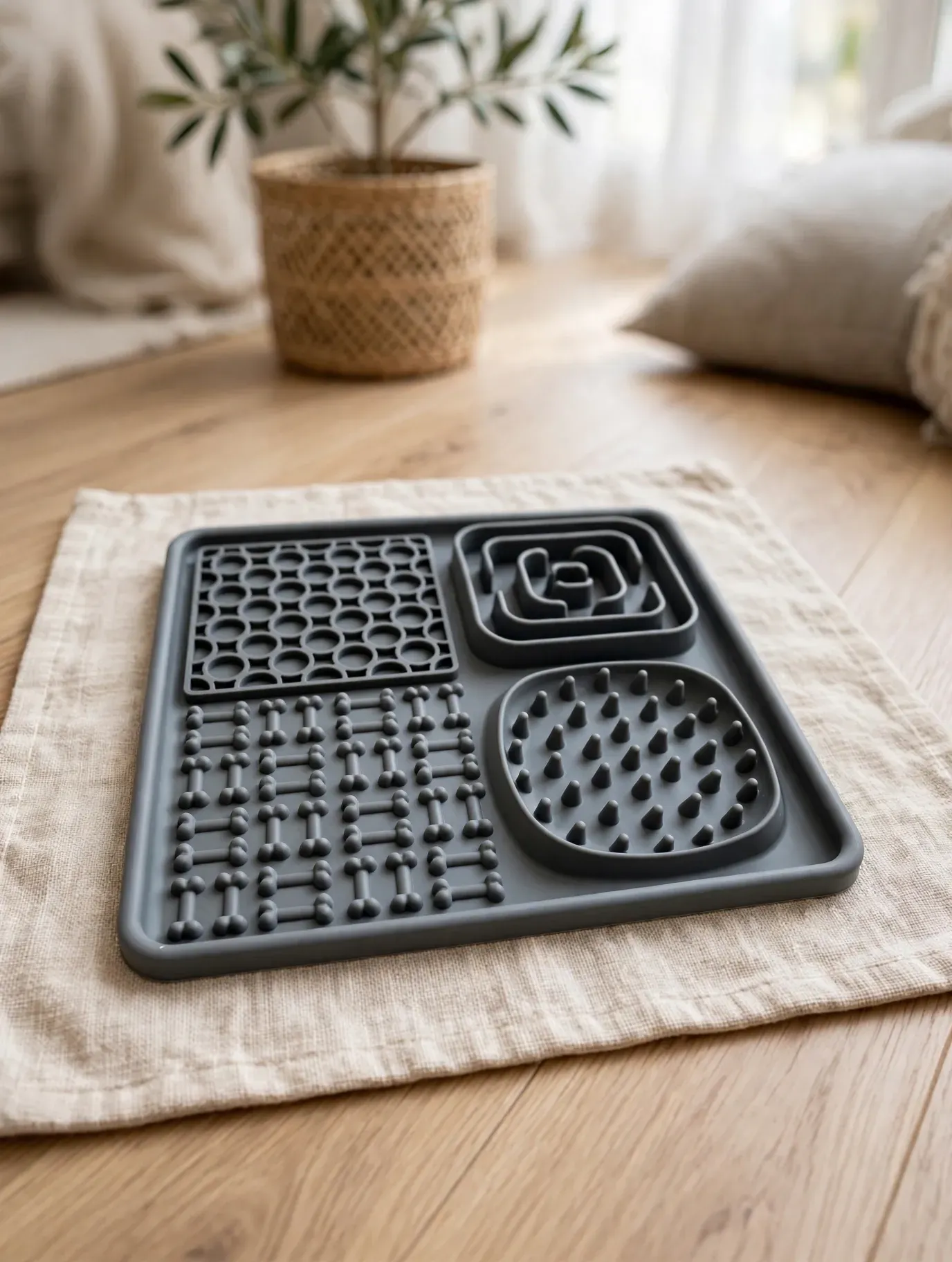 Plato de alimentación para bebés de silicona rosa con cuatro compartimentos texturizados sobre un mantel individual beige.
