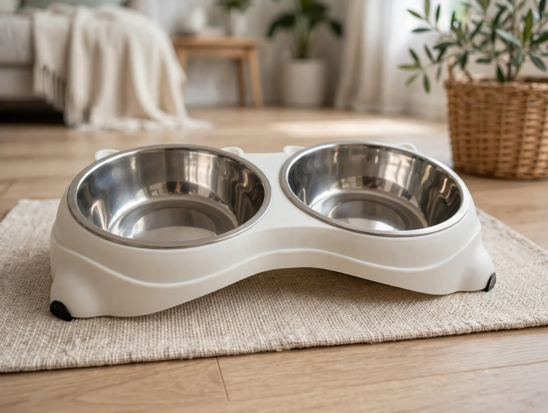 Comedero doble de acero inoxidable para mascotas sobre un soporte blanco sobre una alfombra beige.